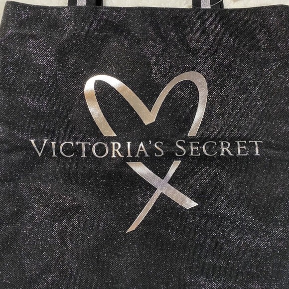 Victoria’s Secret Sparkling Black Canvas Tote Bag Silver Logo Shimmer Straps NWT - Picture 1 of 8